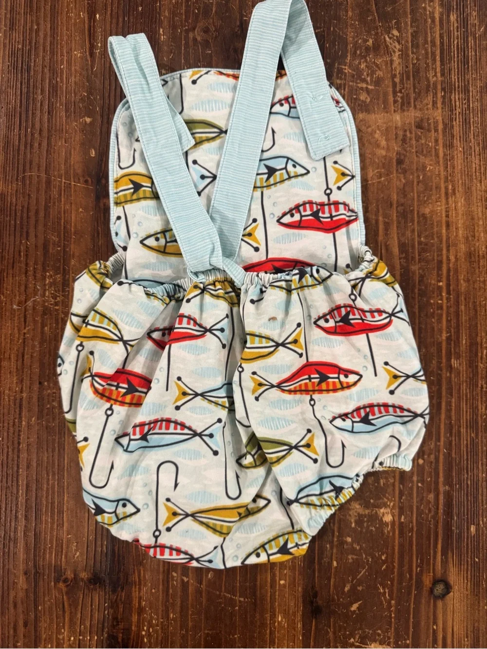 Stitches Fish-Print One-Piece Romper in Light Blue with Red and Yellow Accents